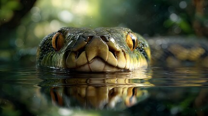 Green anaconda in water close up snake reptile wildlife nature dangerous predator amazon rainforest animal