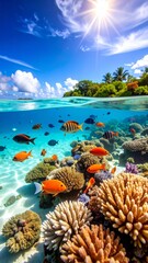 Vibrant coral reef ecosystem with diverse marine life in clear tropical waters