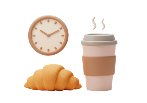 Isolated 3D Render of a Coffee Cup, Croissant, and Clock for Breakfast Time - Powered by Adobe