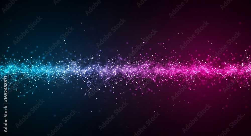Poster abstract glowing stream of particles in blue and pink, symbolizing data flow and digital connection