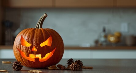 Glowing JackoLantern on a Kitchen Counter, Halloween Decoration, Autumn Season.