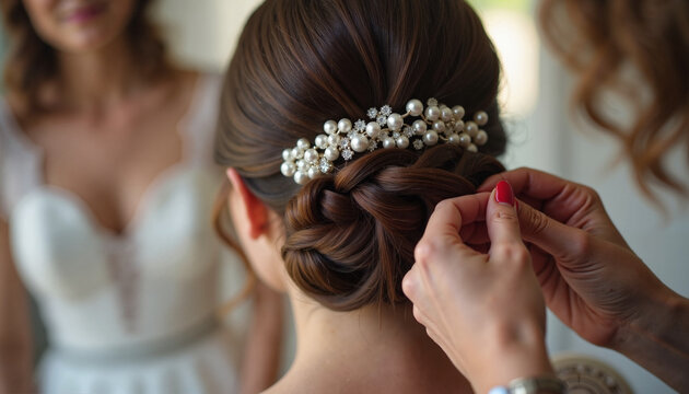 Bride getting wedding hairstyle done with pearls by stylist