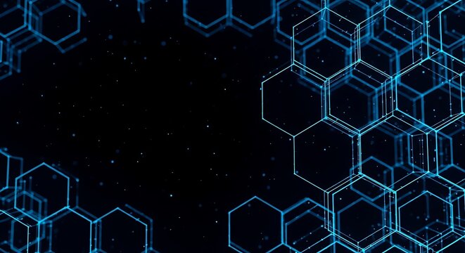 Geometric abstract background with blue glowing hexagons, representing technology, structure, and data