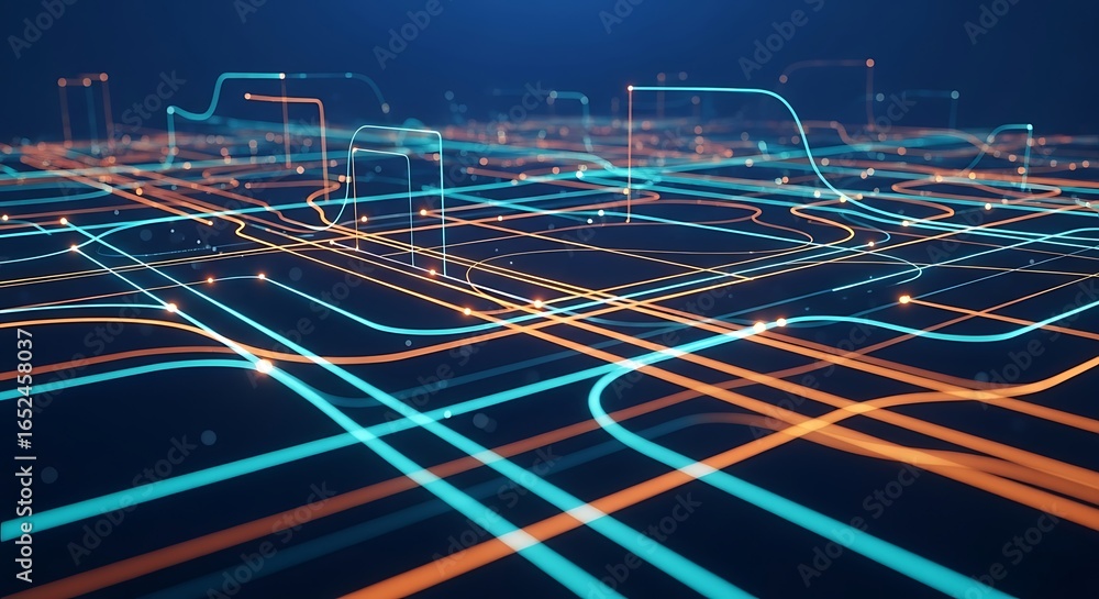 Poster abstract network of glowing blue and orange lines representing data flow and digital connections in 