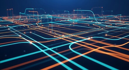 Abstract network of glowing blue and orange lines representing data flow and digital connections in a futuristic city