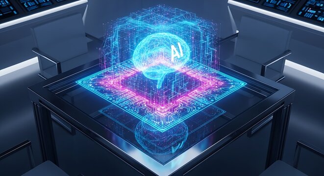 Holographic Brain with AI Text Over Circuit Board Concept