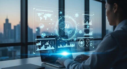 Businesswoman Working with AI Holographic Interface on Laptop in City Office