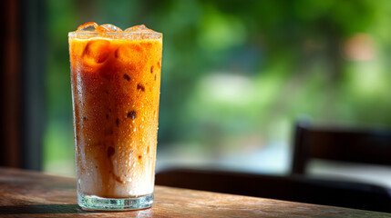 thai iced tea with milk in tall glass
