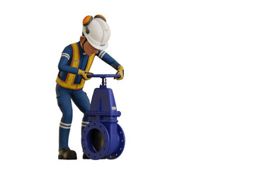 Industrial worker operating gate valve on transparent background