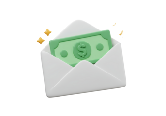 Isolated 3D Render of an Open Envelope with Money and Sparkles