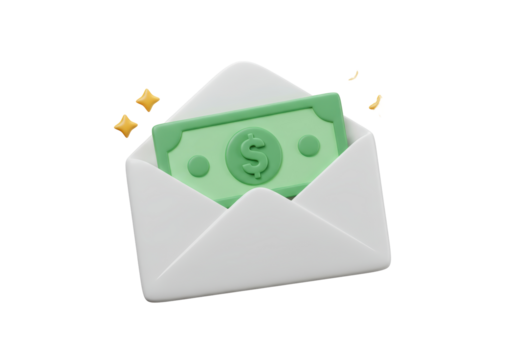Isolated 3D Render of an Open Envelope with Money and Sparkles