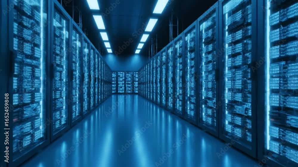 Poster a futuristic data center with rows of servers illuminated by cool blue lights, showcasing modern tec