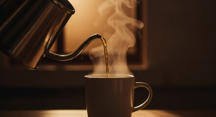 Warm steam rises as hot coffee is poured from a gooseneck kettle into a cozy mug