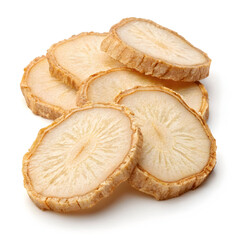 Dried ginseng root slices arranged on a white background, highlighting their light beige color