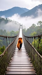 Obraz premium Red panda ventures across misty mountain bridge, embarking on journey forward