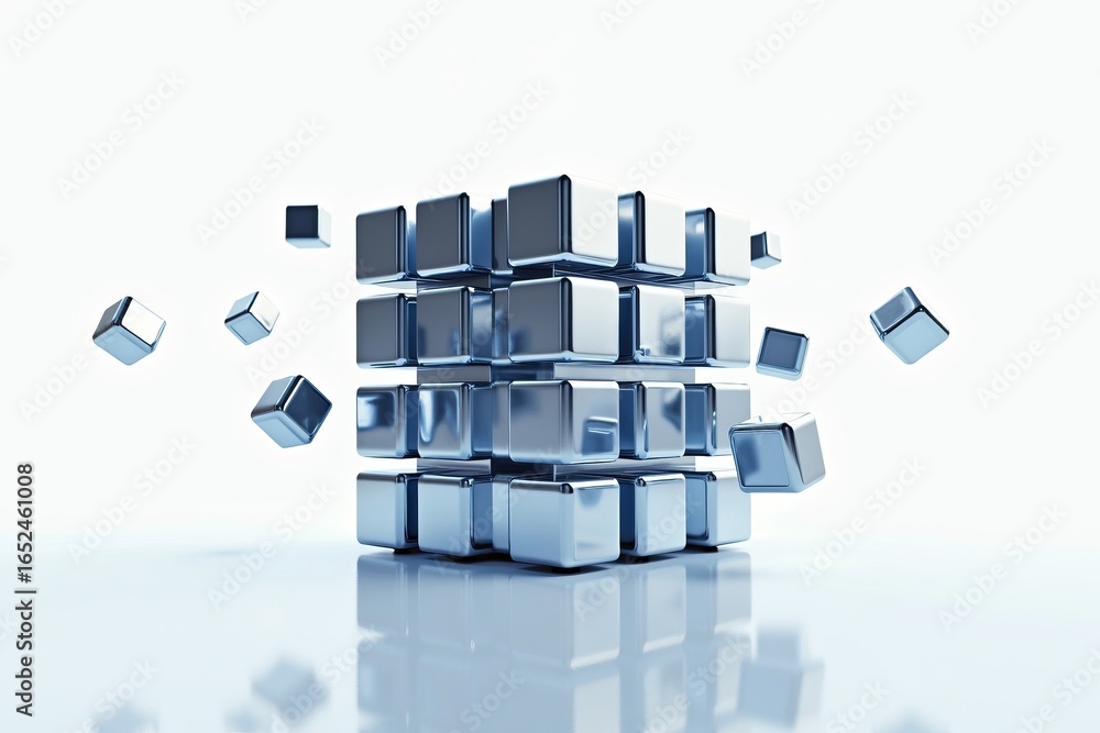 Poster digital innovation and futuristic technology concept with metallic cubes representing data, structur
