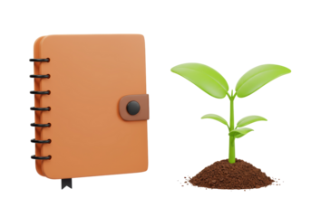 Isolated 3D Render of a Brown Notebook and a Green Sprout, Growth and Learning Concept