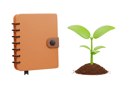Isolated 3D Render of a Brown Notebook and a Green Sprout, Growth and Learning Concept