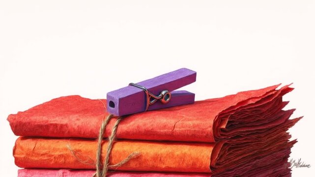 Stack of colorful handmade paper tied with twine and secured with a purple clothespin