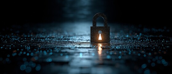 The data matrix is glowing with a lock icon.  An abstract network displays digital space that is encrypted.  A graphic representation of technology with a cyber core structure