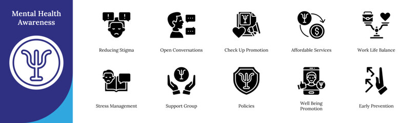 Mental Health Glyph Black Silhouette Icon Sheet Design Vector - reducing stigma, open conversations, check-up promotion, affordable services, stress management, support groups, policies, prevention