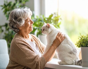 elderly take care of cats and enjoy them at home. Senior citizen pet companion indoor happiness animal love.