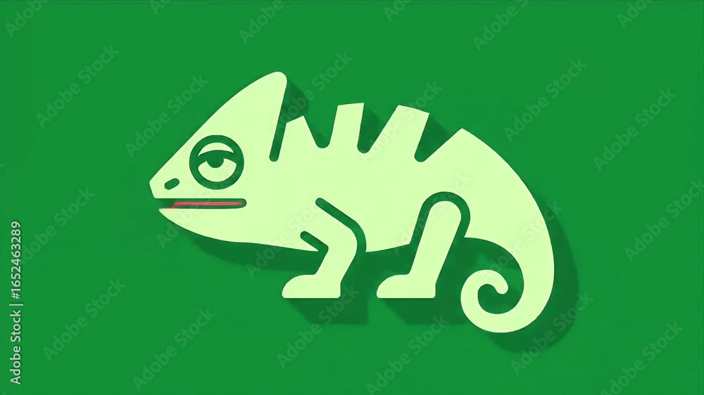 Poster animated chameleon icon on green background symbolizing adaptation and change.