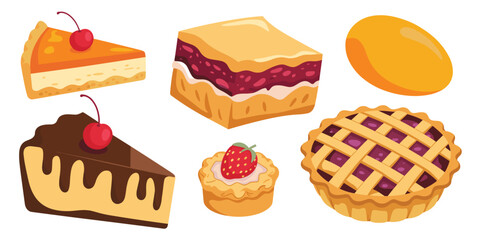 Six Sweet Desserts Including Pies and Cakes with Fruit Toppings pastry