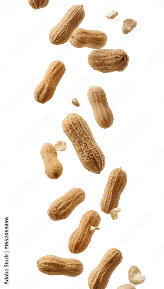 Poster dynamic cascade of fresh peanuts floating amidst a serene transparent canvas unveiling natural
