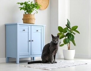 Pet Day. Elegant Russian Blue cat sitting in minimalist apartment serene morning. Find purebred feline friend. indoor kitty pose at home calm sunrise.