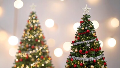 Two beautifully decorated christmas trees stand out against a soft, out-of-focus background of warm holiday lights.