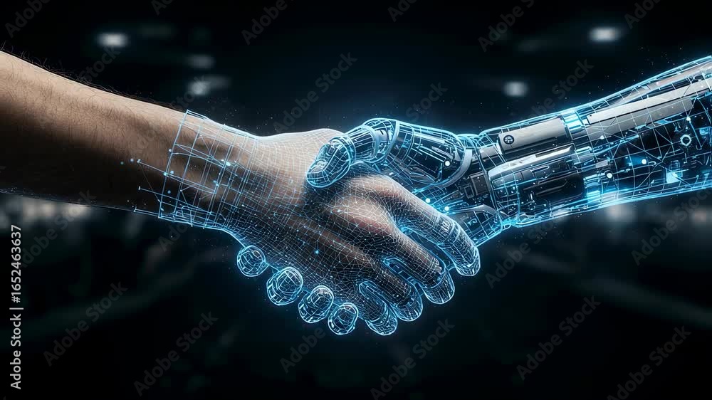 Aufkleber man hand digitally overlayed with wireframe shaking robot hand in a futuristic concept of human arti