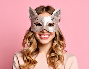 Young in a cat mask posing joyfully with a smartphone against a vibrant yellow background. Cute kitten selfie bright backdrop mobile phone happy face.
