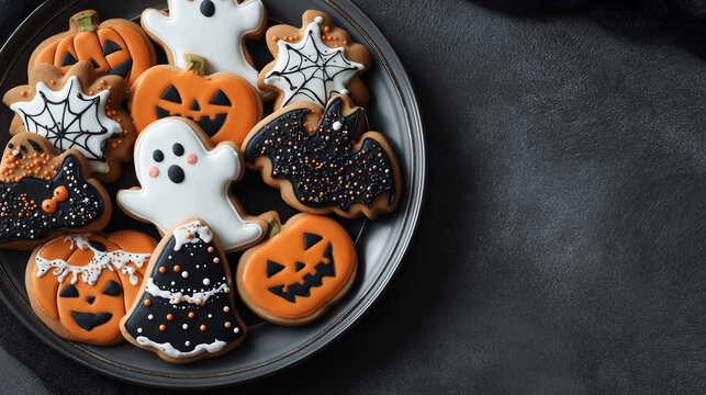 A set of Halloween-themed pumpkin cookies decorated with spooky faces in plate , placed on a bright gray background.
