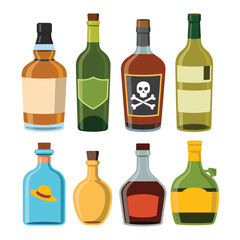 Collection of eight stylized liquor bottles with varied colors and labels alcohol beverage