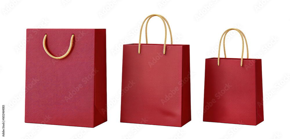 Poster red shopping bag isolated on transparent background with rope handle in three sizes