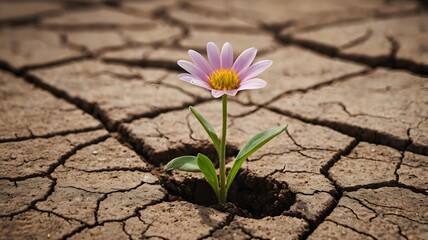 A single blooming flower growing through cracked dry soil, symbol of resilience and hope