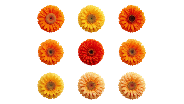 Gerbera floral arrangement showcasing vibrant hues and botanical symmetry isolated on transparency