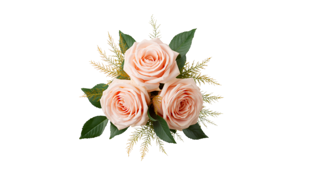 Elegant trio of blush roses with delicate gold accents isolated against transparence
