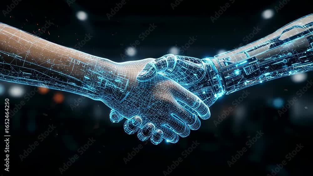 Poster cybernetic handshake animation showing a human hand and robot hand engaging in a digital wireframe a