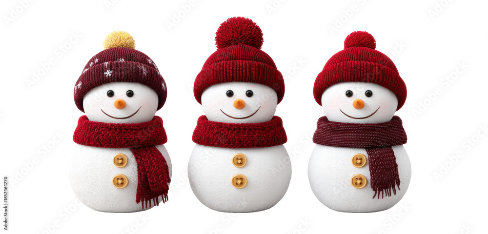 Poster snowman isolated on transparent background with red hat and scarf smiling