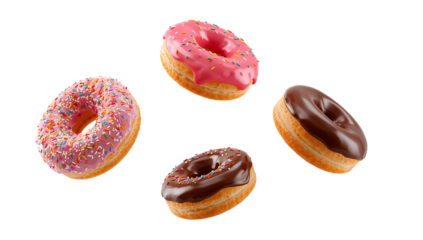 Delicious assortment of donuts with various toppings floating on transparent canvas