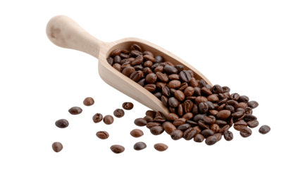 Aromatic coffee beans cascading from a rustic wooden scoop against a transparent backdrop