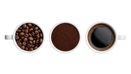 Coffee transformation showcasing beans, grounds, and brewed beverage on isolated clear layout