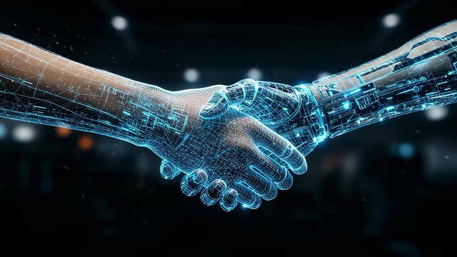 Cybernetic handshake animation showing a human hand and robot hand engaging in a digital wireframe agreement, artificial intelligence concept footage.