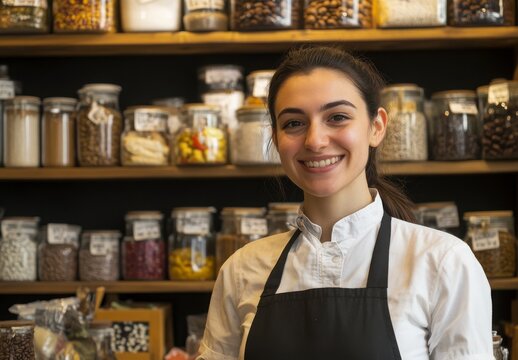 Smiling Woman Shop Owner In White Shirt And Black Apron Behind Food Shelves