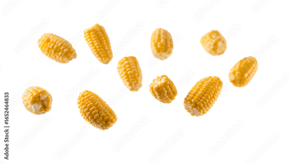 Poster golden yellow corn on the cob kernels float in empty space, an isolated composition with sweetcorn