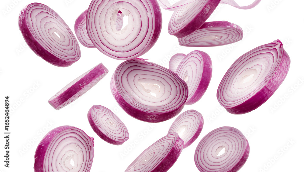 Poster floating red onion slices providing a dynamic culinary visual on transparent space