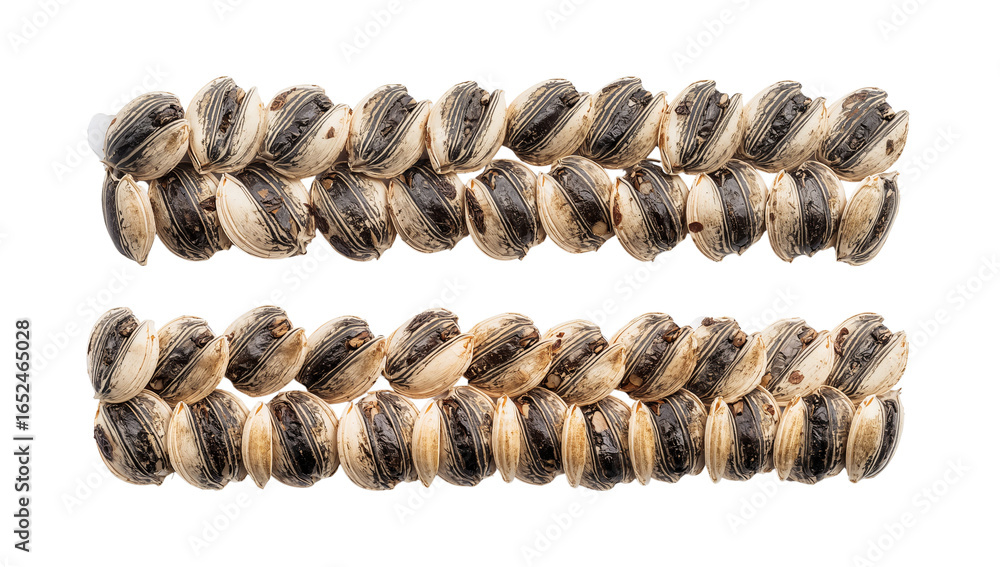 Poster macro display featuring two rows of striped sunflower seeds on a neutral backdrop