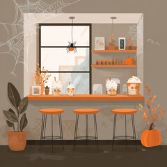 Halloween Pumpkin Spice Drinks in a Cozy Cafe with Cobweb Decorations and Spiderwebs